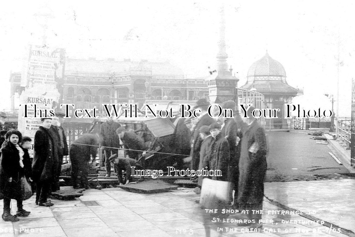 SX 1397 - Overturned Shop Entrance St Leonards Pier, Hastings, Sussex 1905 Gale