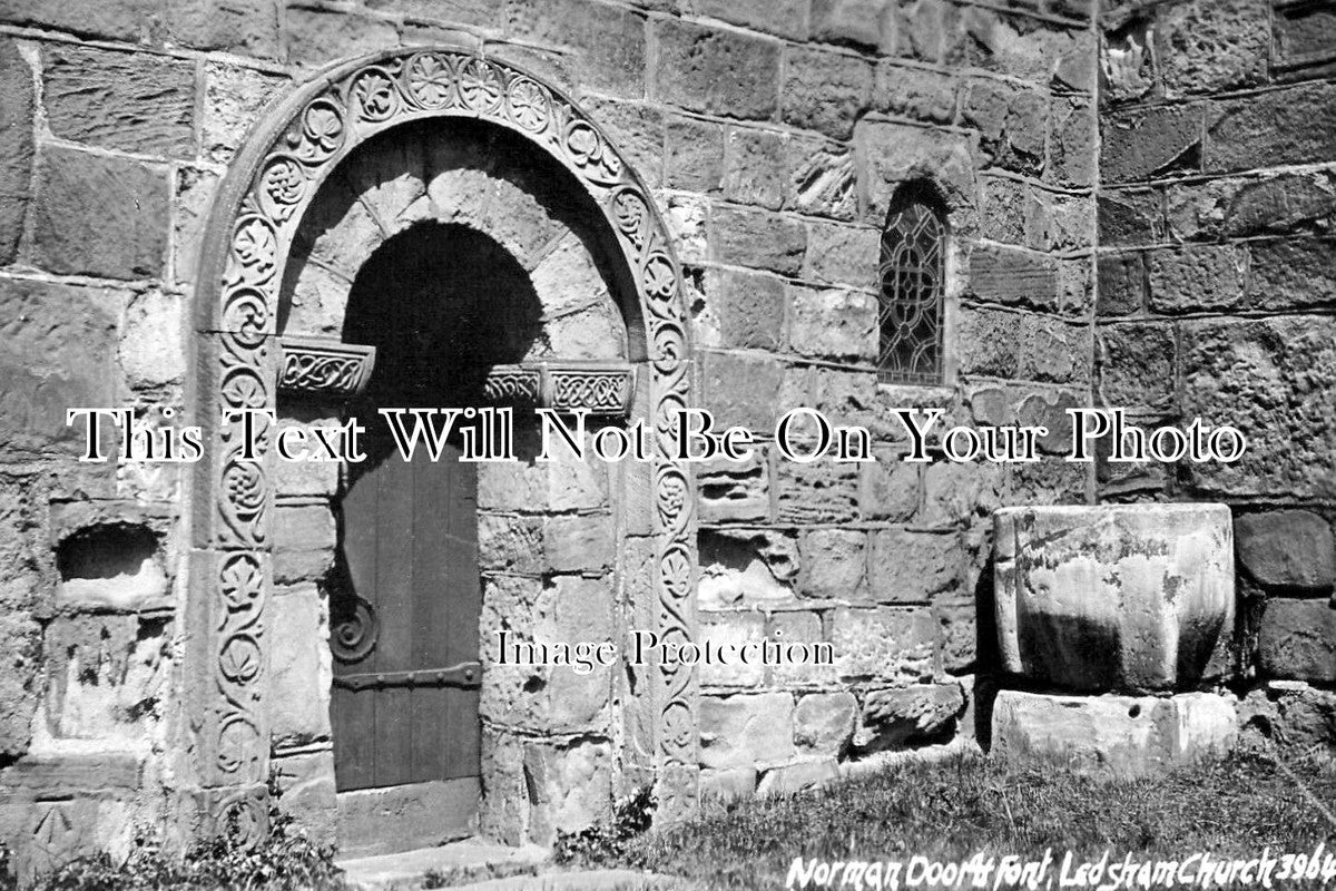YO 11040 - Norman Door & Font, Ledsham Church, Yorkshire c1914
