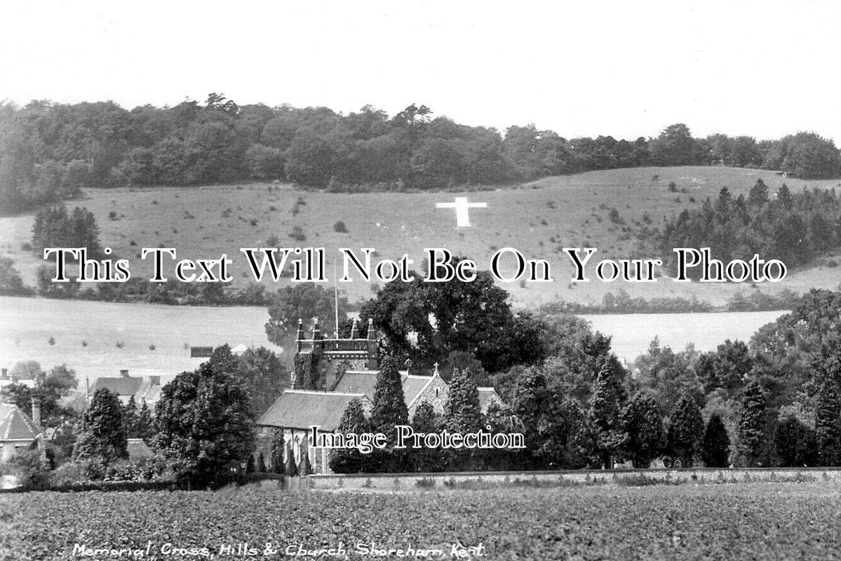 KE 6395 - Memorial Cross, Hills & Church, Shoreham, Kent