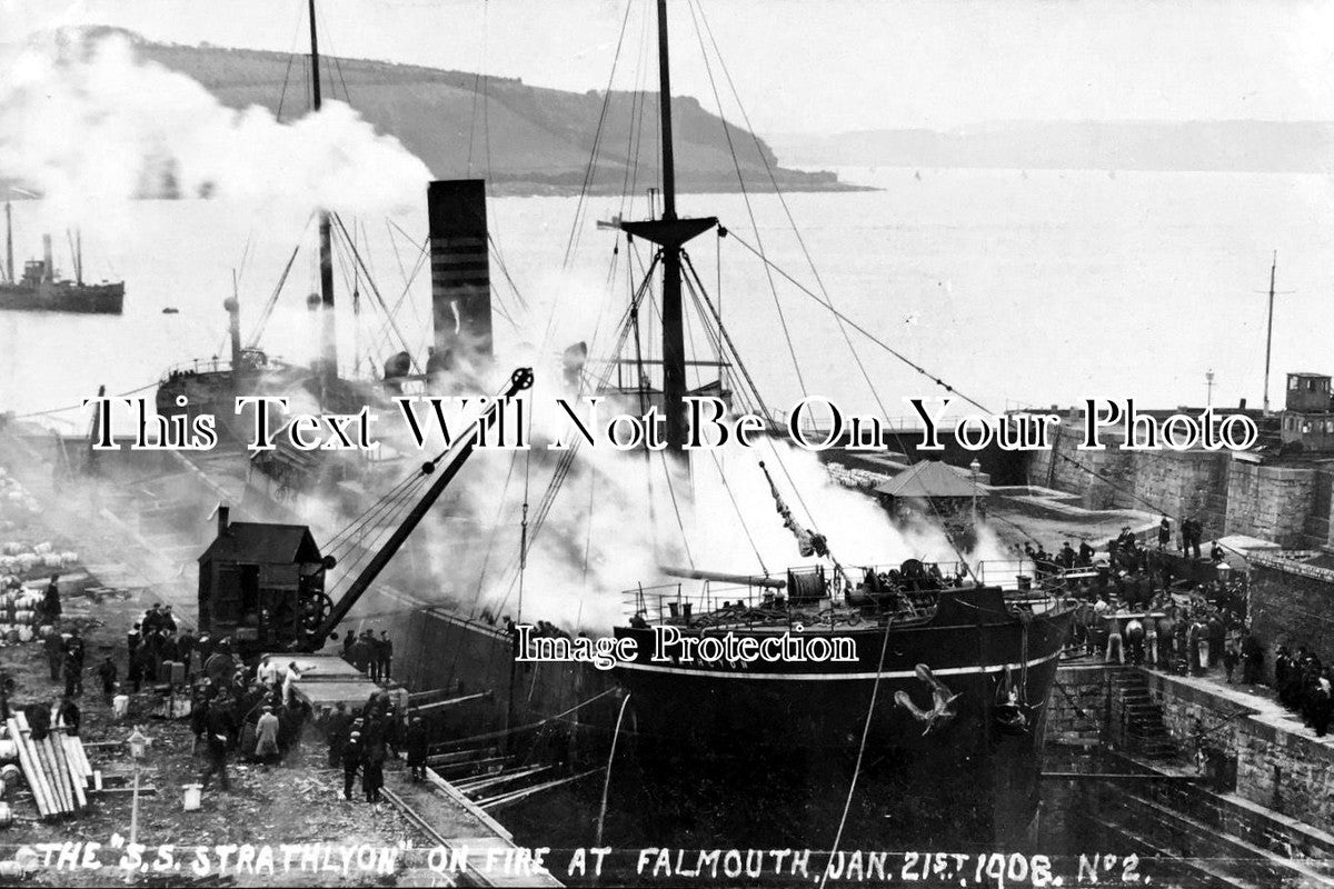 CO 593 - The S.S Strathlyon On Fire, Falmouth, Cornwall 1908