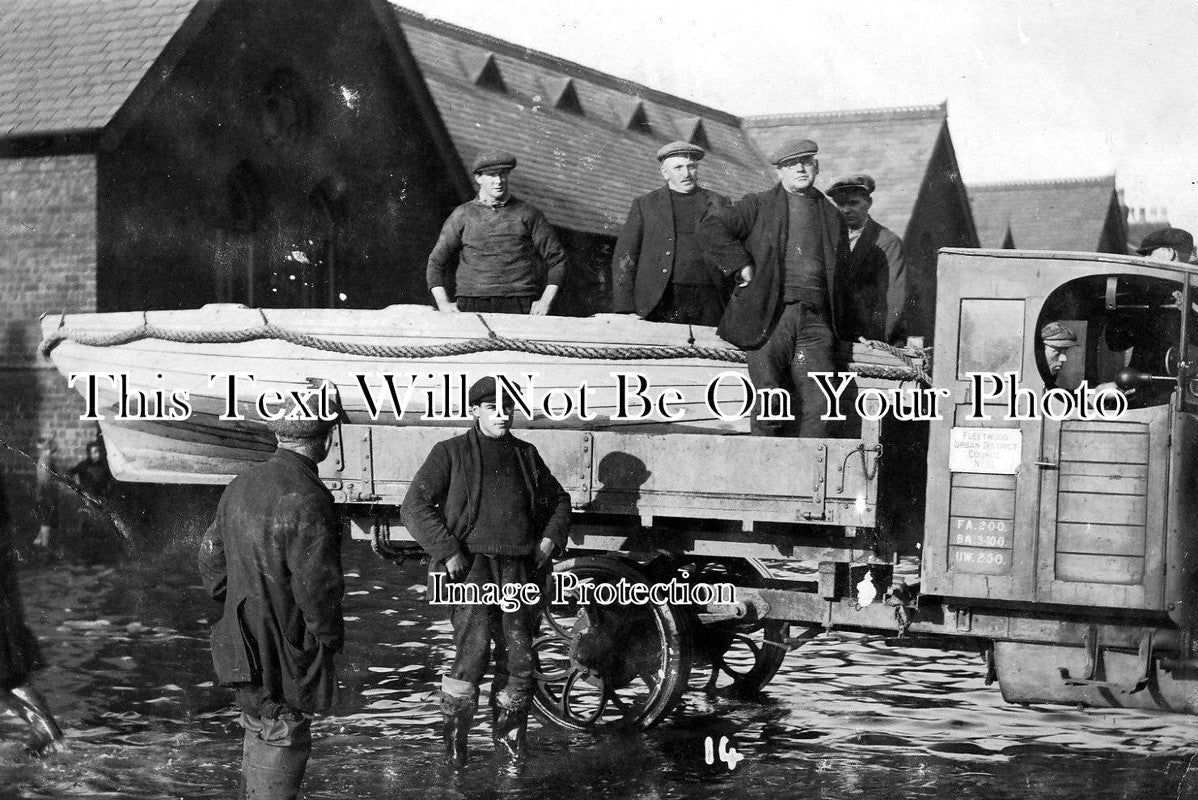 LA 1084 - Storm & Flood, Rescue Boat On Lorry, Fleetwood, Lancashire c1927