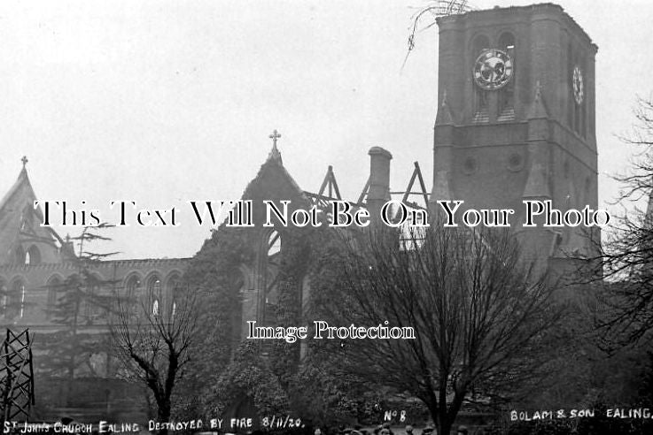 LO 877 - St Johns Church, Destroyed By Fire, Ealing, London 1920