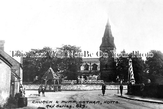 NT 1896 - Church & Pump, Gotham, Nottinghamshire c1929