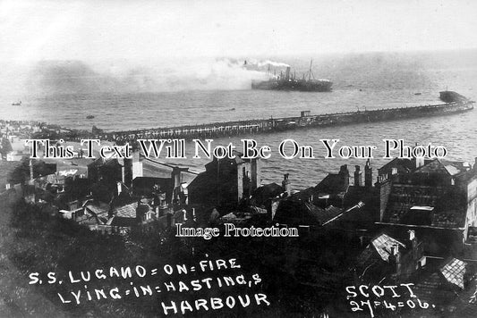 SX 5360 - SS Lugano On Fire, Hastings Harbour, Sussex 1906